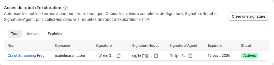 Section Accès du robot d’exploration du back-office Shopify, avec la signature créée pour un crawl Screaming Frog