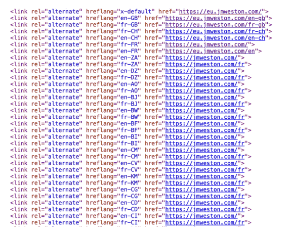 Extrait du code source d’une page Shopify montrant des dizaines de balises hreflang générées automatiquement