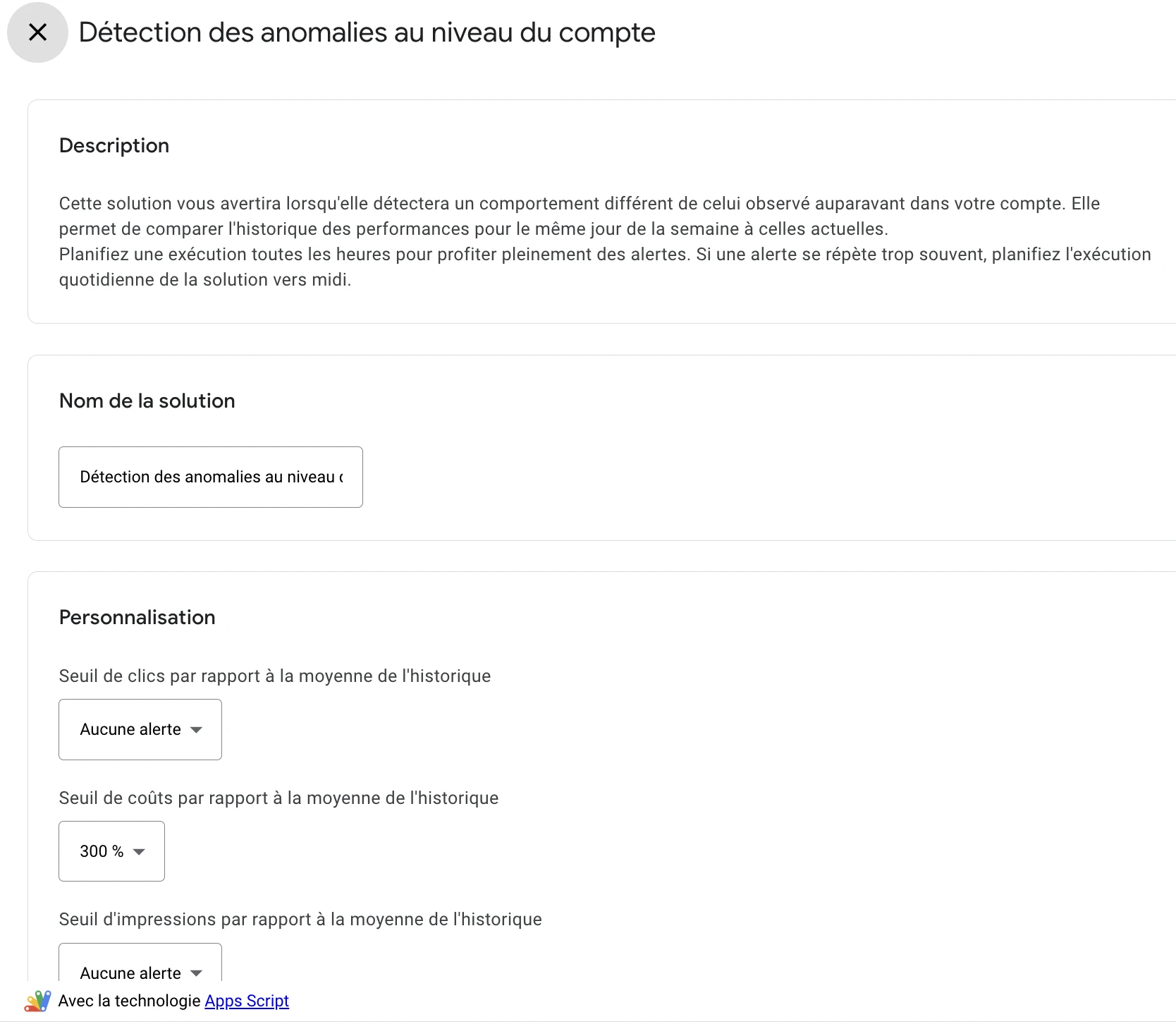 Capture d'écran de l'interface permettant de configurer les détections d'anomalies avec les scripts Google Ads