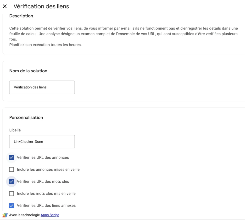 Capture d'écran de la partie "Vérifications des liens" dans l'interface Google Ads Scripts