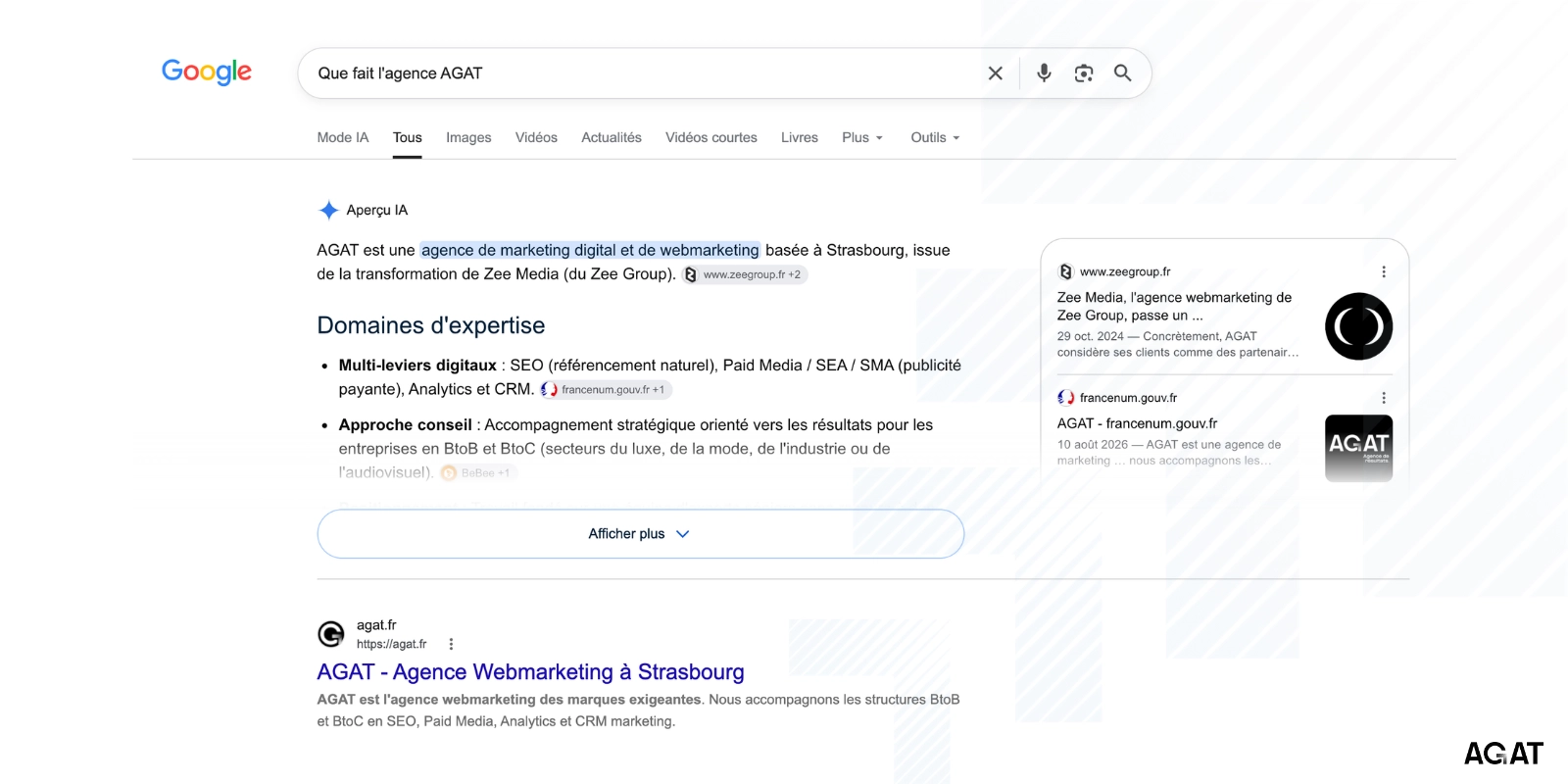 Aperçu IA de Google sur la requête « Que fait l'agence AGAT »