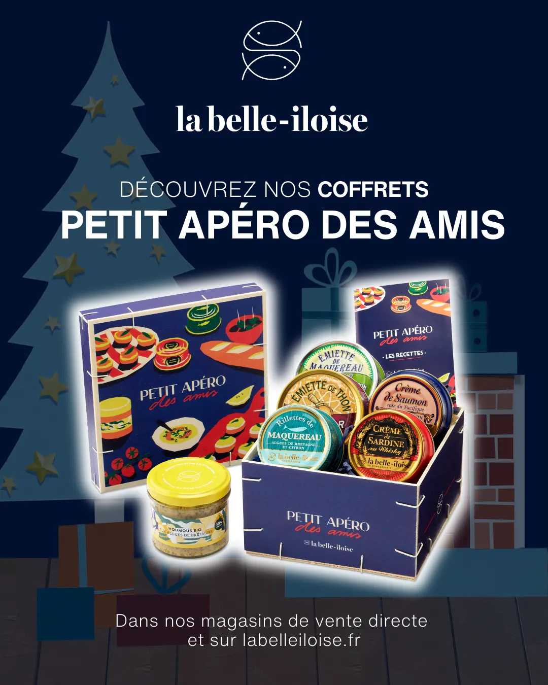 Visuel publicitaire Meta réalisé par AGAT pour la belle-iloise : les coffrets Petit Apéro des Amis devant un sapin stylisé, campagne de fin d'année 2025