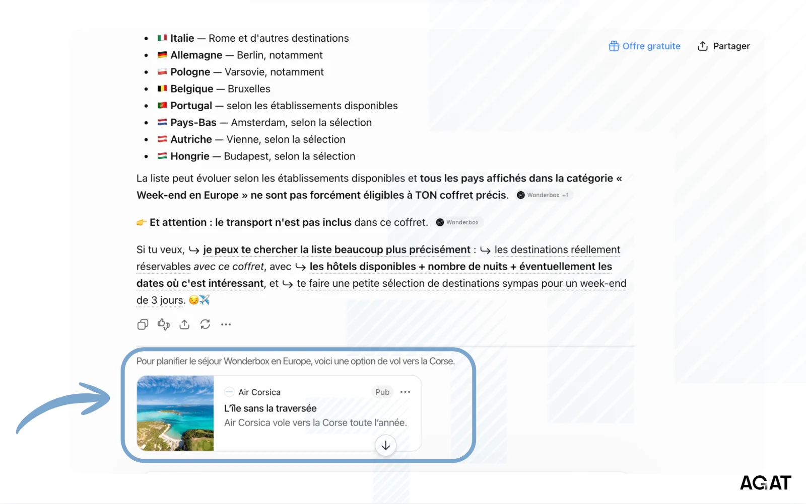 Exemple d'annonce ChatGPT Ads Air Corsica affichée sous une réponse de ChatGPT