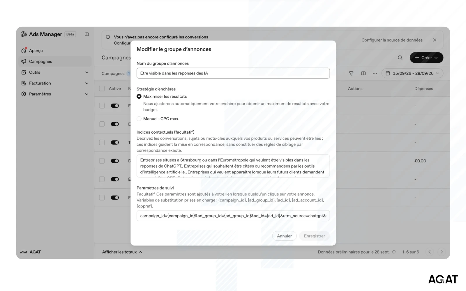 Champ des indices contextuels d'un groupe d'annonces dans l'Ads Manager de ChatGPT Ads